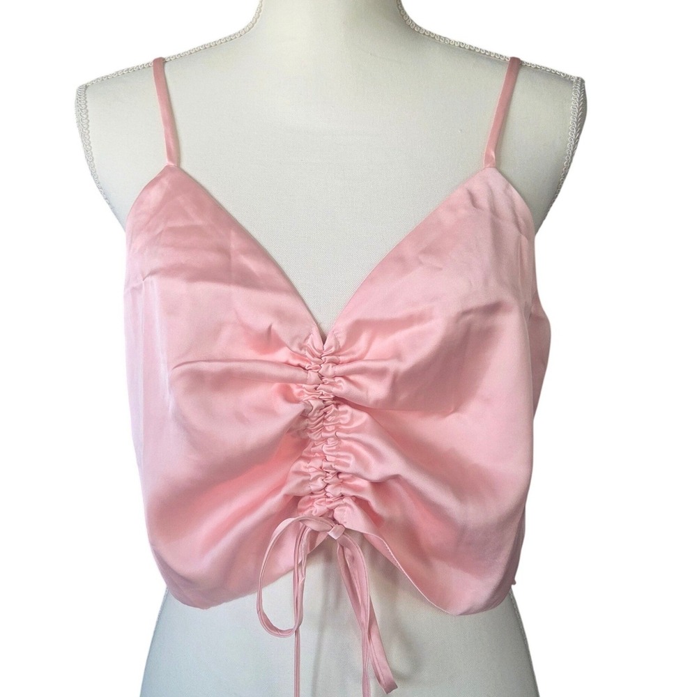 Signature 8 Satin Coquette Ruched Cami Large Y2K Balletcore Tie Front Crop Top